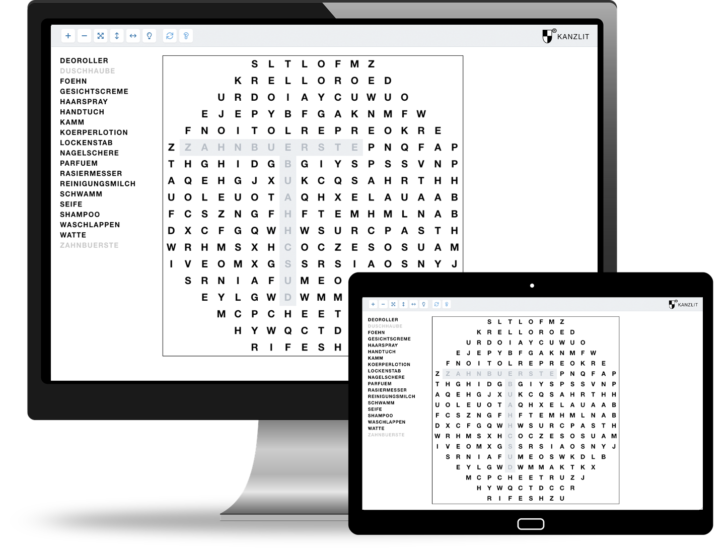 Wortsuche auf dem Monitor und Tablet